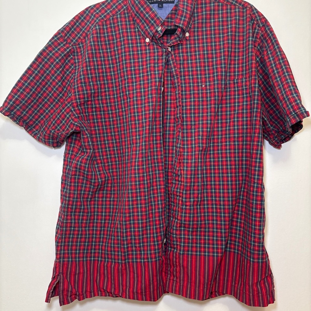 Vintage Tommy Hilfiger Men's Short Sleeve Red Checkered Button Down Shirt Size L